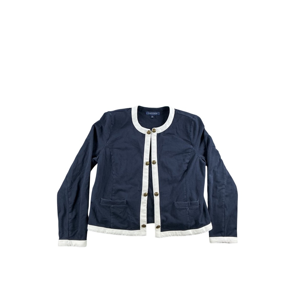 Tommy Hilfiger Navy Blue White Trim Gold Button Knit Blazer Jacket Womens Large